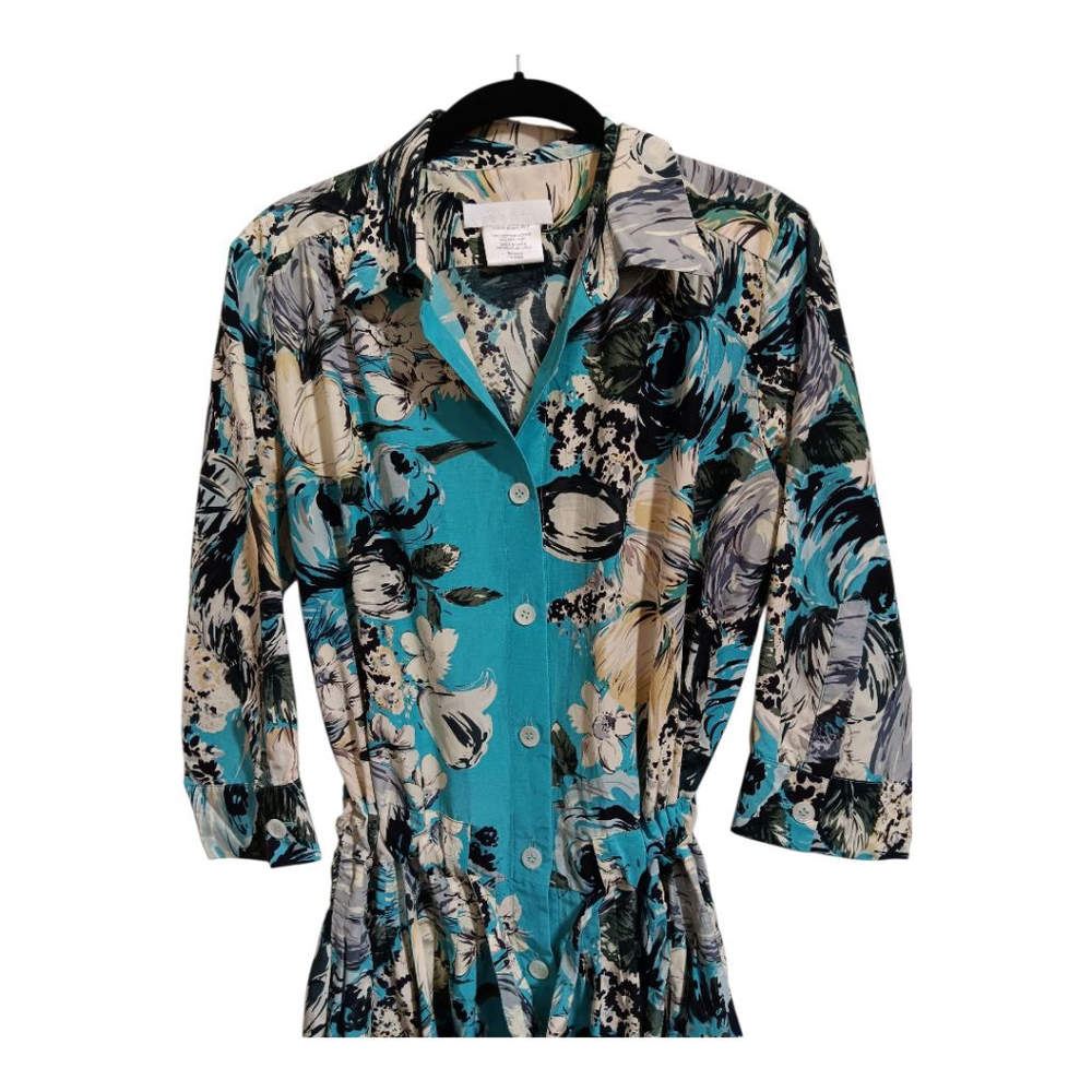 Nicole Farhi Silk Blend Turquoise Floral Button Up Belted Retro Midi Dress - Picture 8 of 16